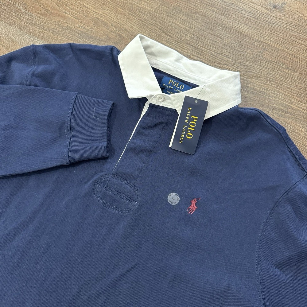 NWT Polo Ralph Lauren Navy Blue Solid Polo Shirt Sz XL Rugby Preppy Academia L/S
